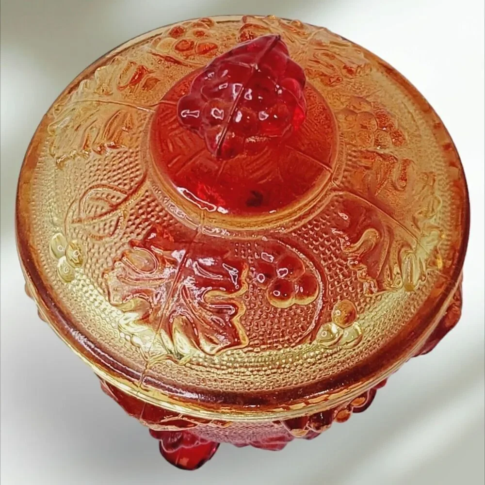 VTG Jeannette Harvest Grapes‎ Amber Red Carnival Glass Footed Covered Candy Dish